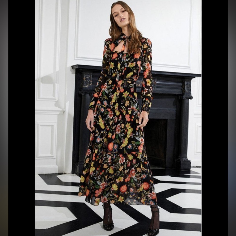 Alexis Sabryna Tiered Maxi Dress Women’s Small Tie Neck Floral F